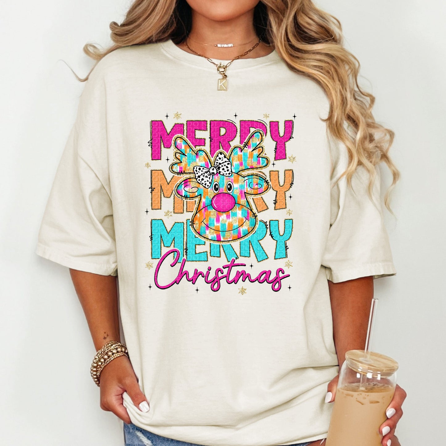 Merry Stacked Brushtroke Reindeer | Comfort Colors Tee or Gildan Crewneck Sweatshirt