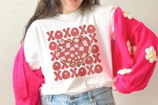 Retro Valentine XOXO Heart Disco Ball | Comfort Colors Tee or Gildan Crewneck Sweatshirt