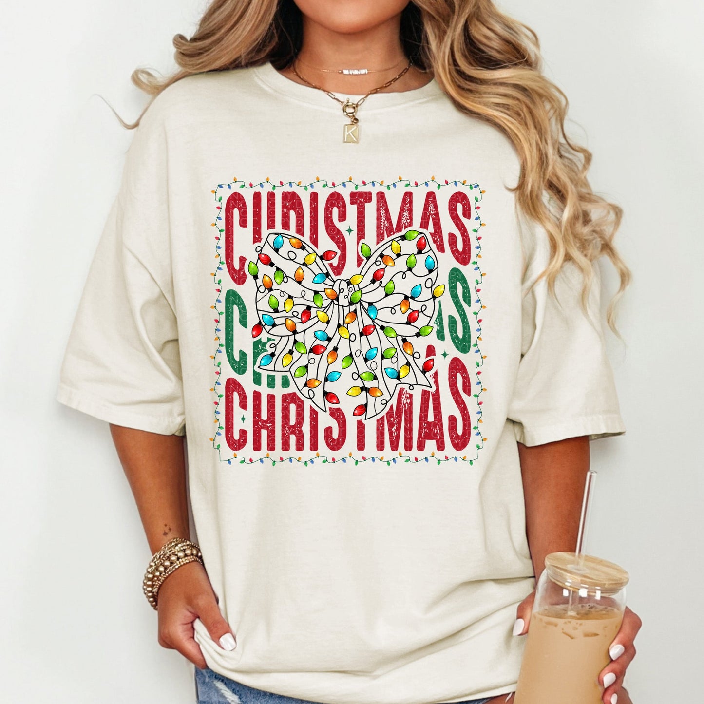 Red and Green Christmas Light Bow Stacked Christmas| Comfort Colors Tee or Gildan Crewneck Sweatshirt